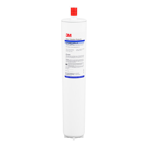 A 3M white water filtration cartridge with a red cap.