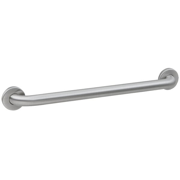 A stainless steel Bobrick handicapped restroom grab bar with peened grips.