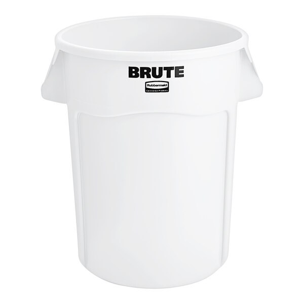 A white plastic bucket with black text that says "Rubbermaid BRUTE"
