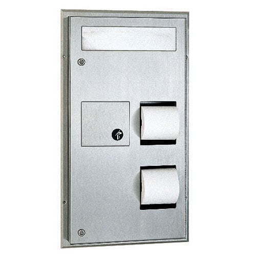 A metal Bobrick toilet paper dispenser with sanitary napkin disposal and toilet tissue.