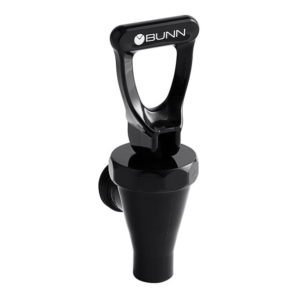 A black plastic faucet assembly with a round black handle.