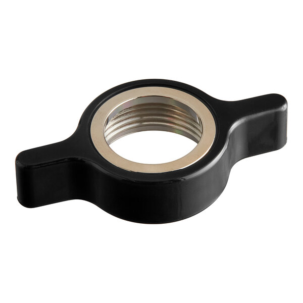 A black plastic wing nut with a metal ring.