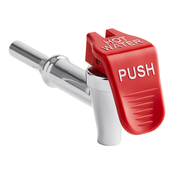 A Bunn push faucet assembly with a red push button.