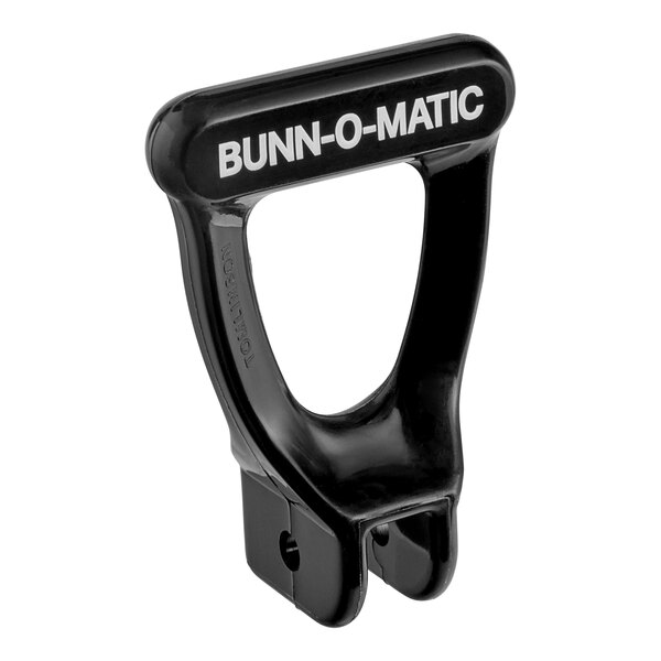 A black and chrome Bunn faucet handle with white text.