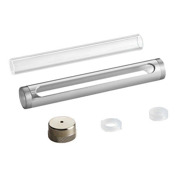 A Bunn sight gauge assembly with clear glass and metal caps.
