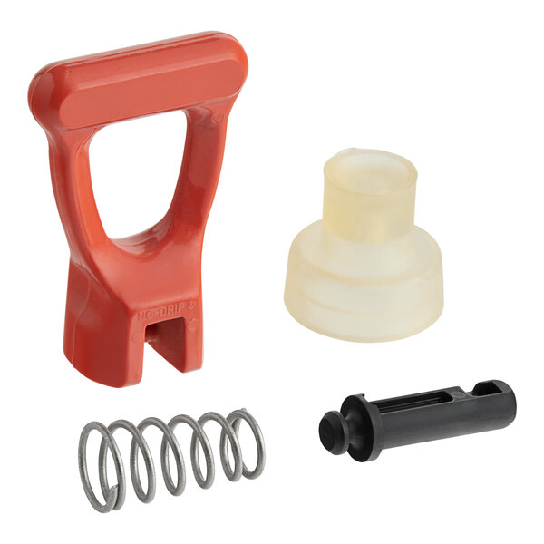A red and white plastic Bunn faucet repair kit with a spring.