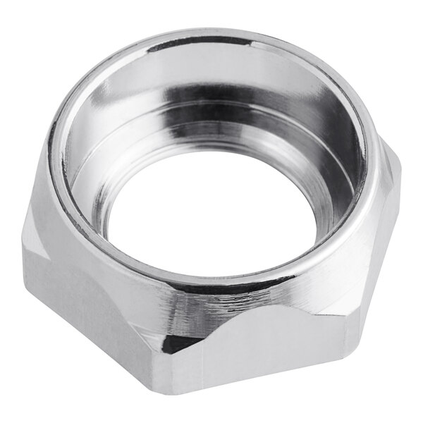 A stainless steel Bunn faucet jam nut with a hole in the middle.