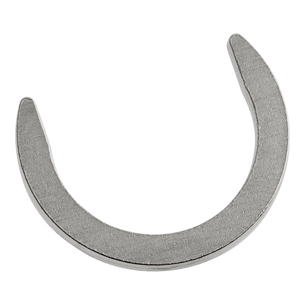 A silver metal C-ring with a hole in it.