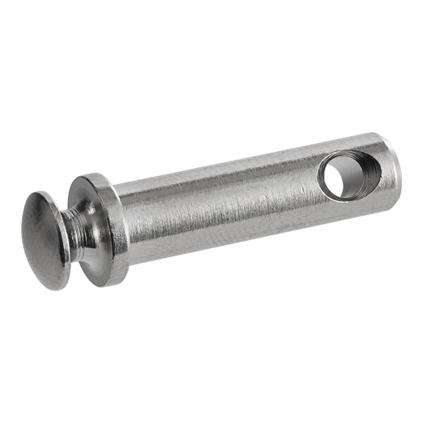 A silver metal Bunn faucet stem with a hole and a nut on the end.