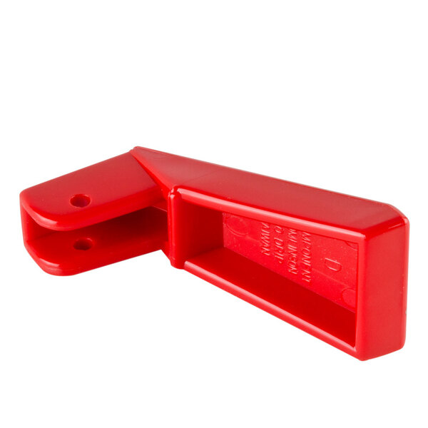 A red plastic Bunn lift faucet handle with a hole.