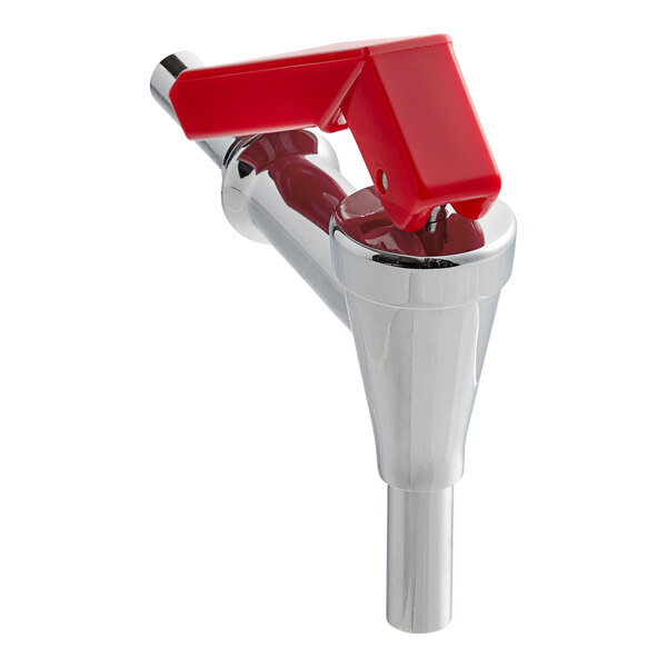 A Bunn faucet assembly with a red and white plastic handle.