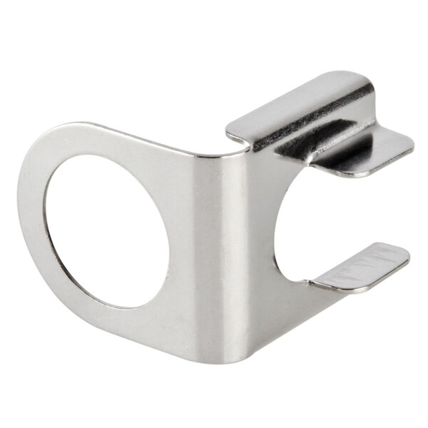 A stainless steel Bunn faucet safety clip with a hole in it.