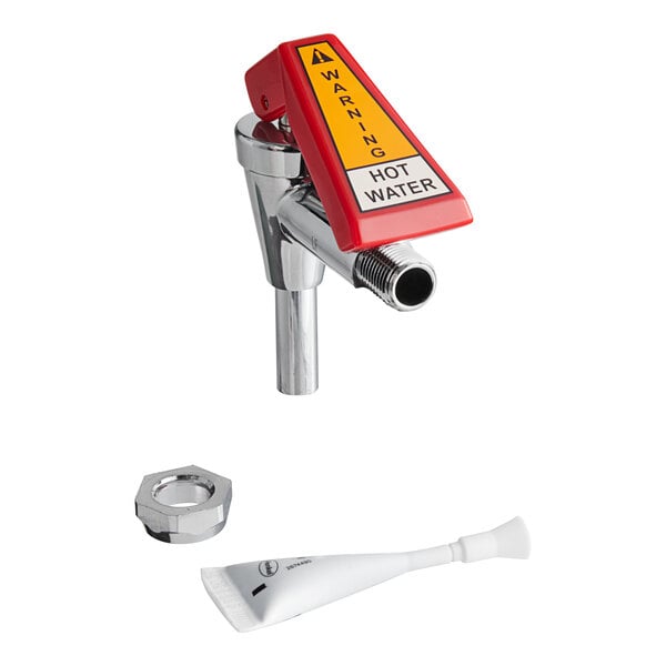 A Bunn faucet assembly with a red and yellow warning label.