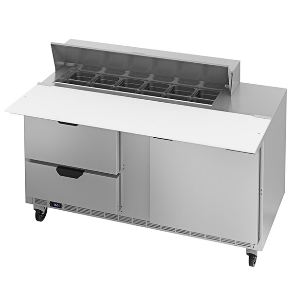 A Beverage-Air refrigerated sandwich prep table with a stainless steel cutting top and two drawers.