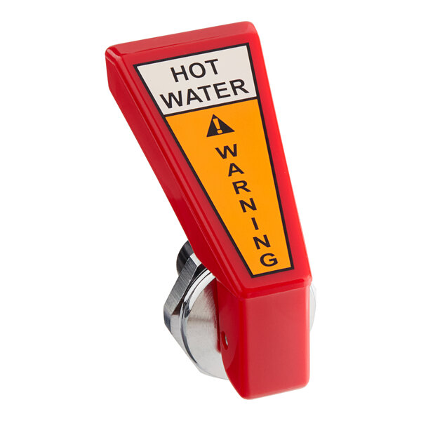 A red warning sign with the words "hot water warning" and yellow accents.