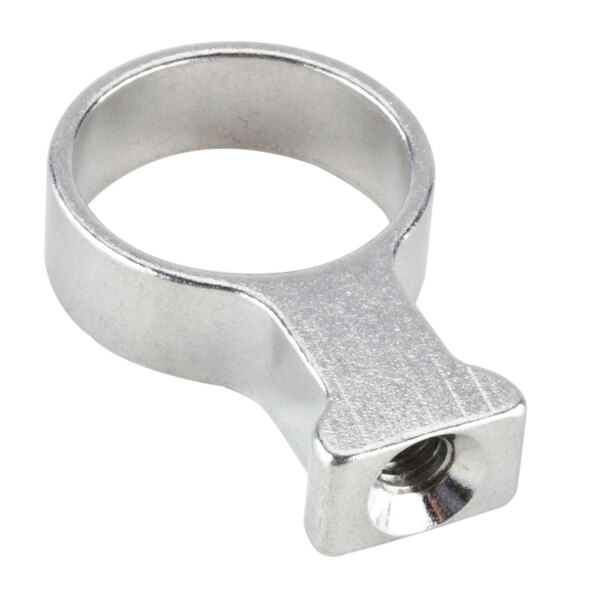 A stainless steel Bunn sight gauge shield brace with a nut on it.