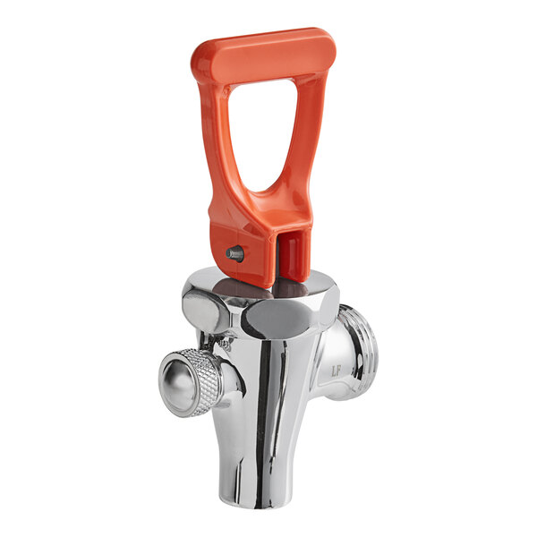 A Bunn chrome faucet assembly with an orange handle and cleanout port.
