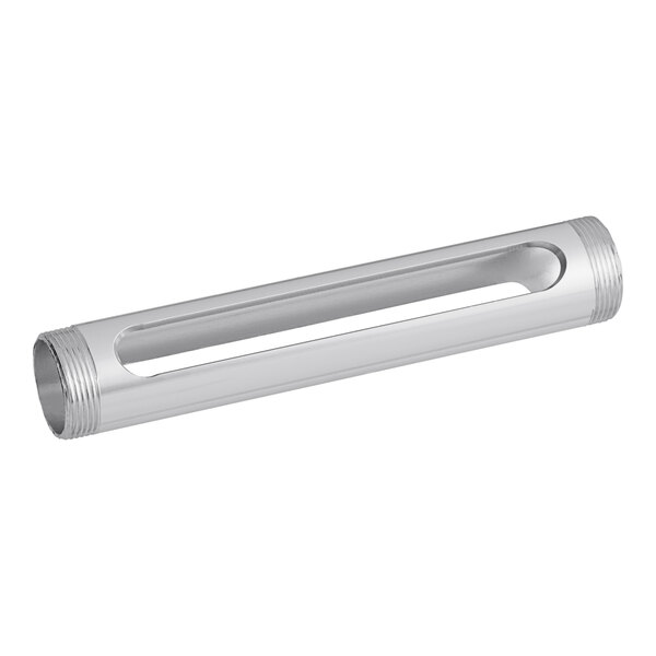 A white metal shield with a silver tube.