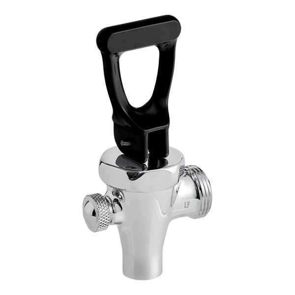 A Bunn chrome water faucet with a black plastic handle.