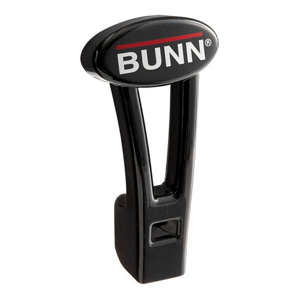 A black plastic Bunn faucet handle with white text and a red logo.