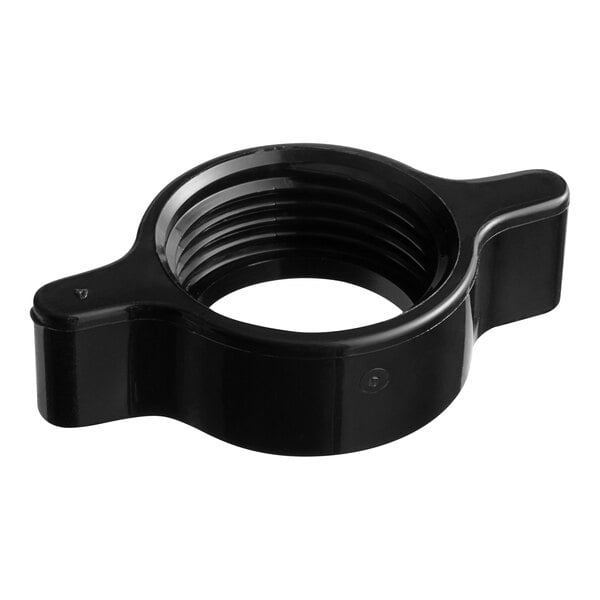 A black plastic ring with a nut.