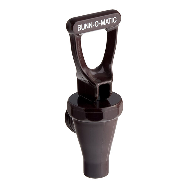 A brown plastic Bunn faucet assembly with white text.