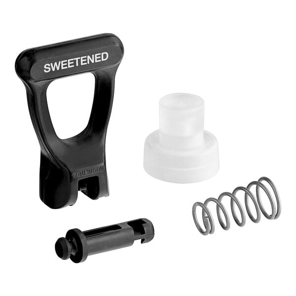 A Bunn faucet repair kit with black and white plastic pieces and a metal spring.