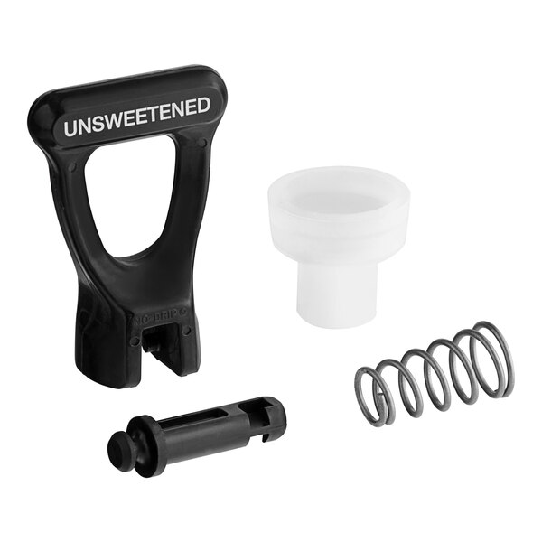A black plastic Bunn faucet repair kit with a spring and a white plastic tube with white text.
