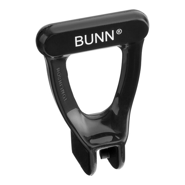 A black plastic Bunn faucet handle with white text.