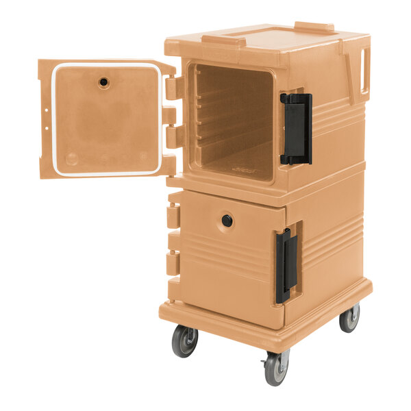 A beige plastic Cambro Ultra Camcart food pan carrier with an open door.