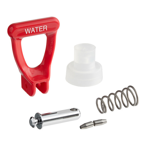 A Bunn red faucet repair kit handle with screw and spring.