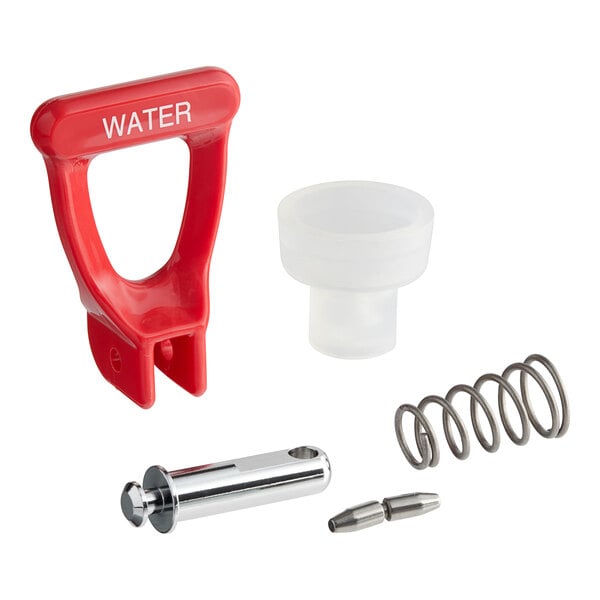 A Bunn red and white faucet repair kit with a screw and spring.