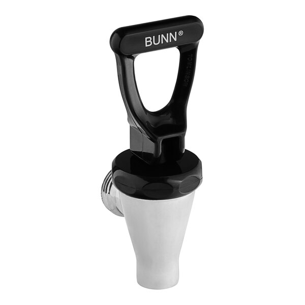 A chrome Bunn faucet assembly with a black handle.