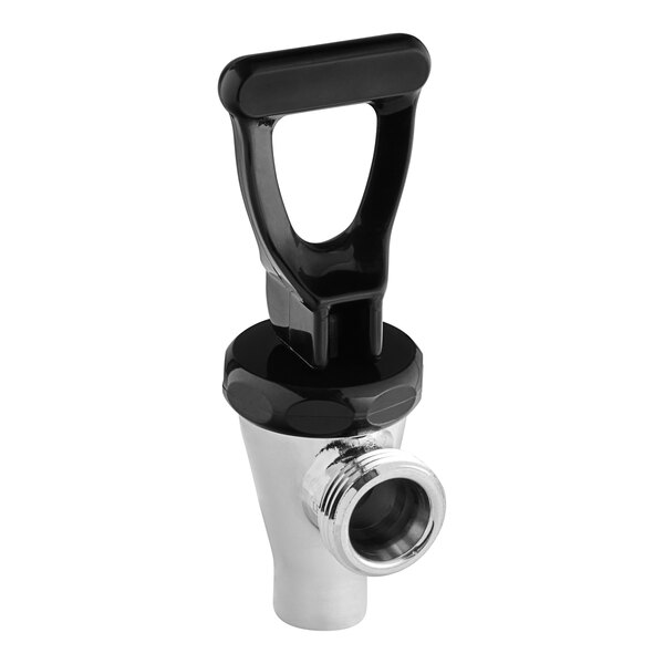 A chrome and black Bunn faucet assembly with a black handle.