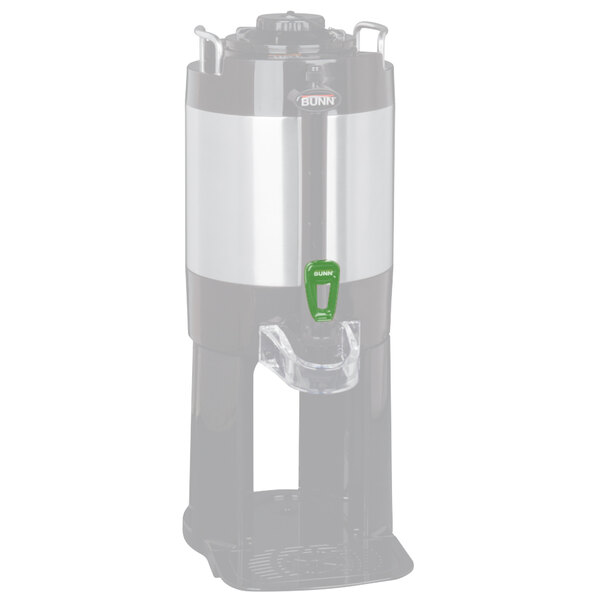 A close-up of a green Bunn faucet handle.