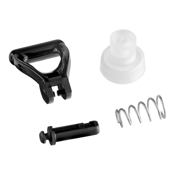 A Bunn black plastic faucet repair kit with a black nudger handle, screw, and spring.
