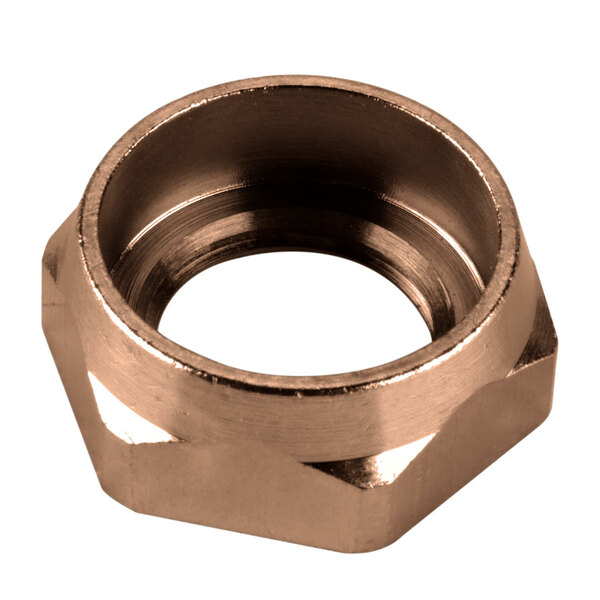 A brown flanged shank nut for a Bunn iced tea dispenser.
