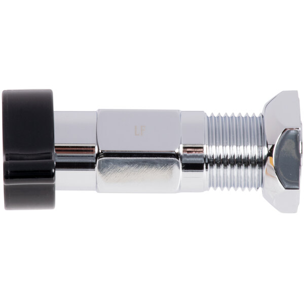 A chrome plated metal pipe with a black knob.