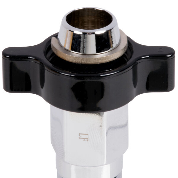 A black and silver metal valve with a black pipe and black handle.