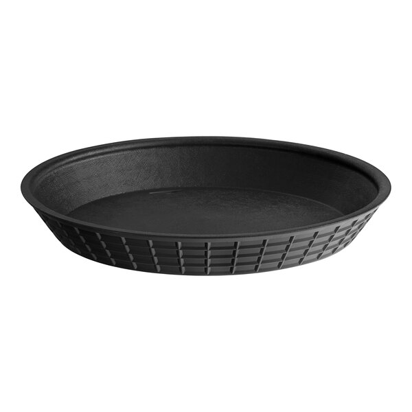 A black round pan with a black rim.
