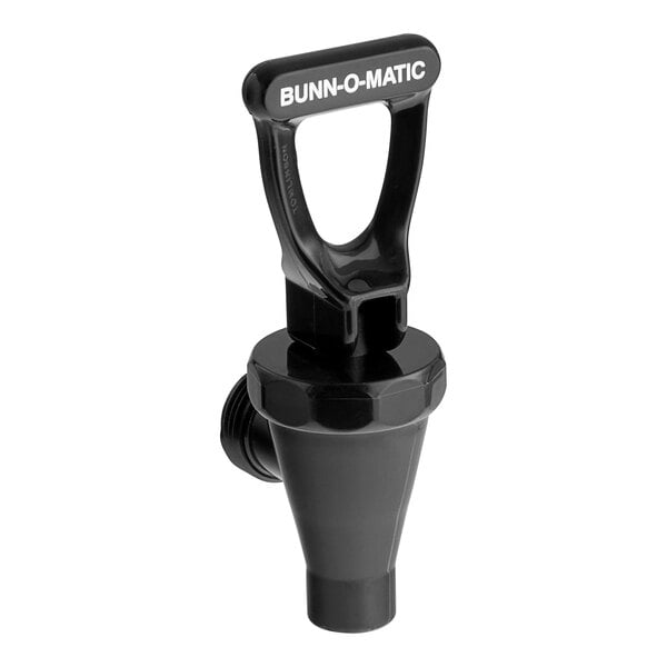 A black plastic Bunn faucet assembly with a black handle.