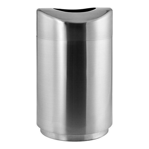 A silver stainless steel Rubbermaid trash can with a lid.