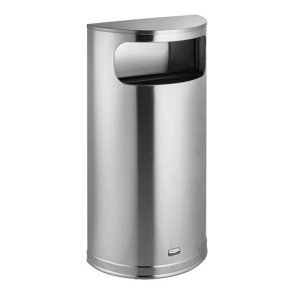 A metallic silver Rubbermaid half-round trash can with a black lid.