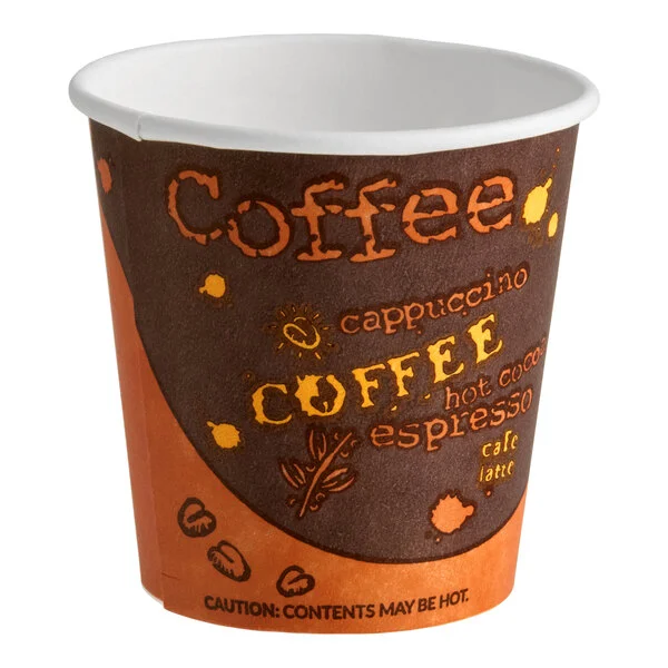 A small 4 oz. paper hot cup with a coffee-themed print and caution label.