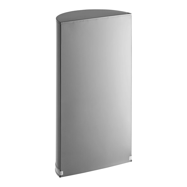 A grey rectangular Rubbermaid half round steel trash can with chrome accents.