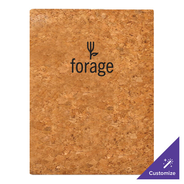 A rectangular menu cover made of natural cork with the word 'forage' and a fork and leaf design printed on the front.