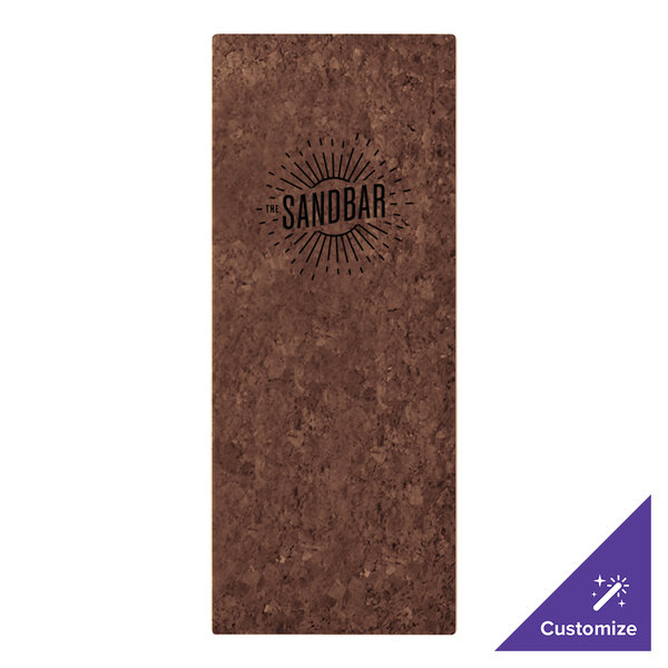 A rectangular dark cork menu cover with a customizable logo and text reading 'THE SANDBAR' in the center.