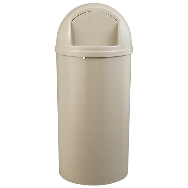 A tan Rubbermaid round trash can with a lid.