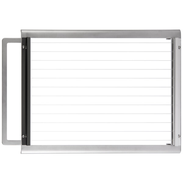 A metal cutting arm with white lines on it.