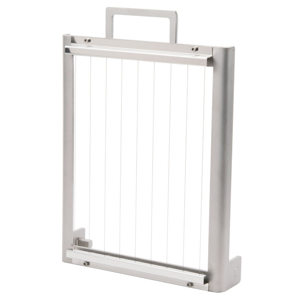 A metal cutting arm with wires and a handle.